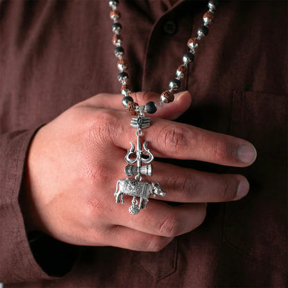 Shiv Raksha Karungali Rudraksha Mala with Trishul Nandi Pendant