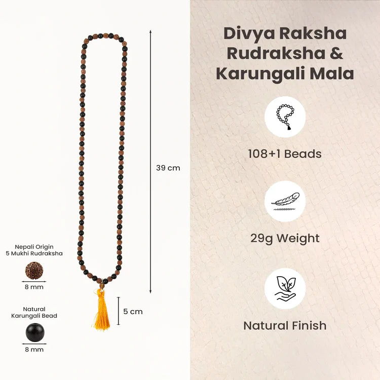 Divya Raksha Rudraksha & Karungali Mala 8mm - 108+1 Beads