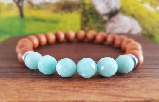 Blue Amazonite & Sandalwood Beads Stretchable Bracelet