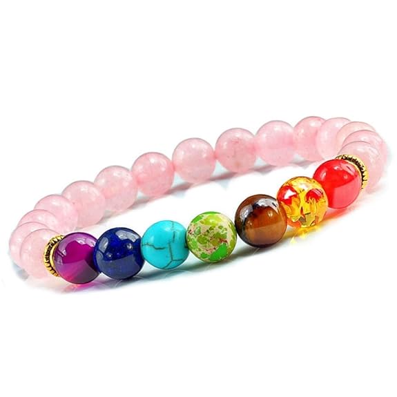 Pink Rose Quartz with Seven Chakra Crystal 8mm Beads Stretchable Bracelet