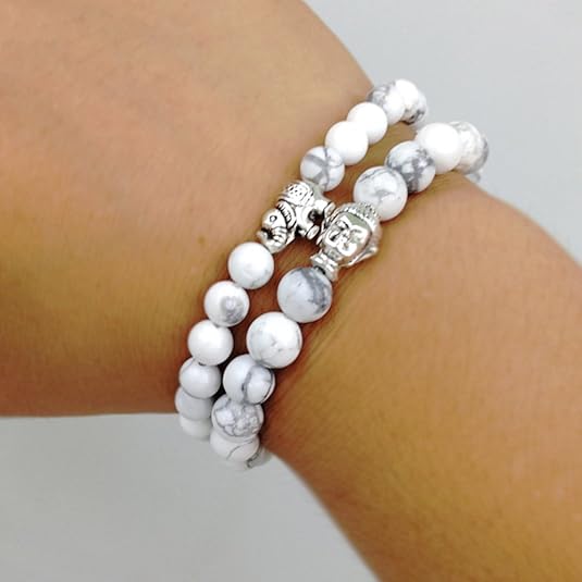 Crystal White D'vine Howlite Stones Lucky Elephant Buddha Beads Bracelets