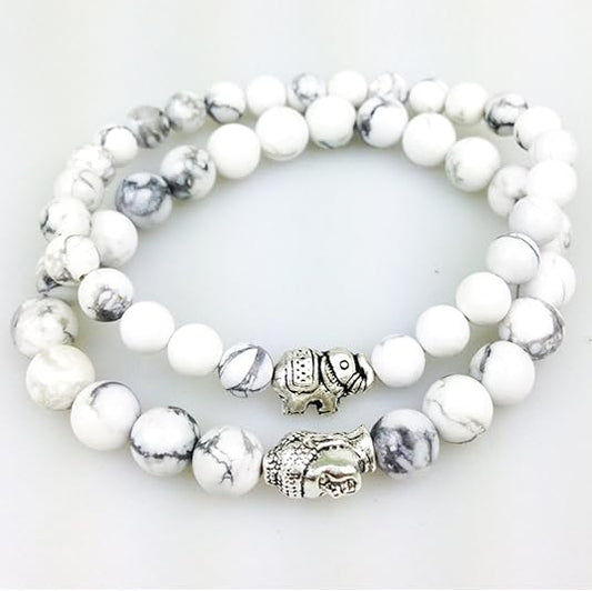 Crystal White D'vine Howlite Stones Lucky Elephant Buddha Beads Bracelets