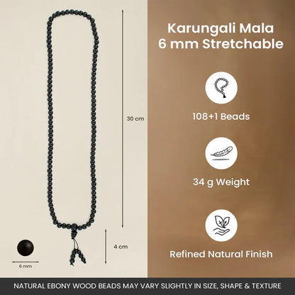 Karungali Malai 6mm Stretchable - 108+1 Beads (Original Ebony Wood)