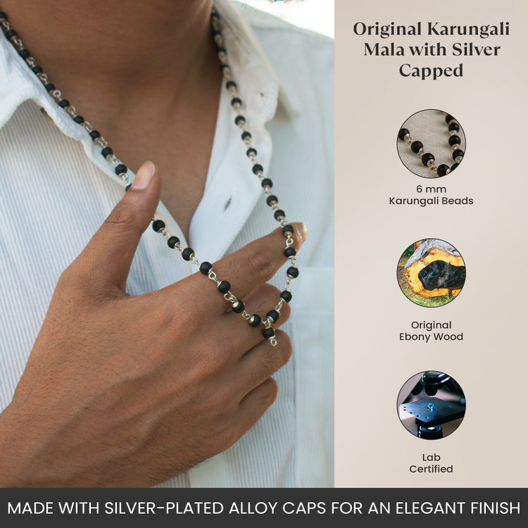 Silver Capped Karungali Malai – with Free Karungali Bracelet