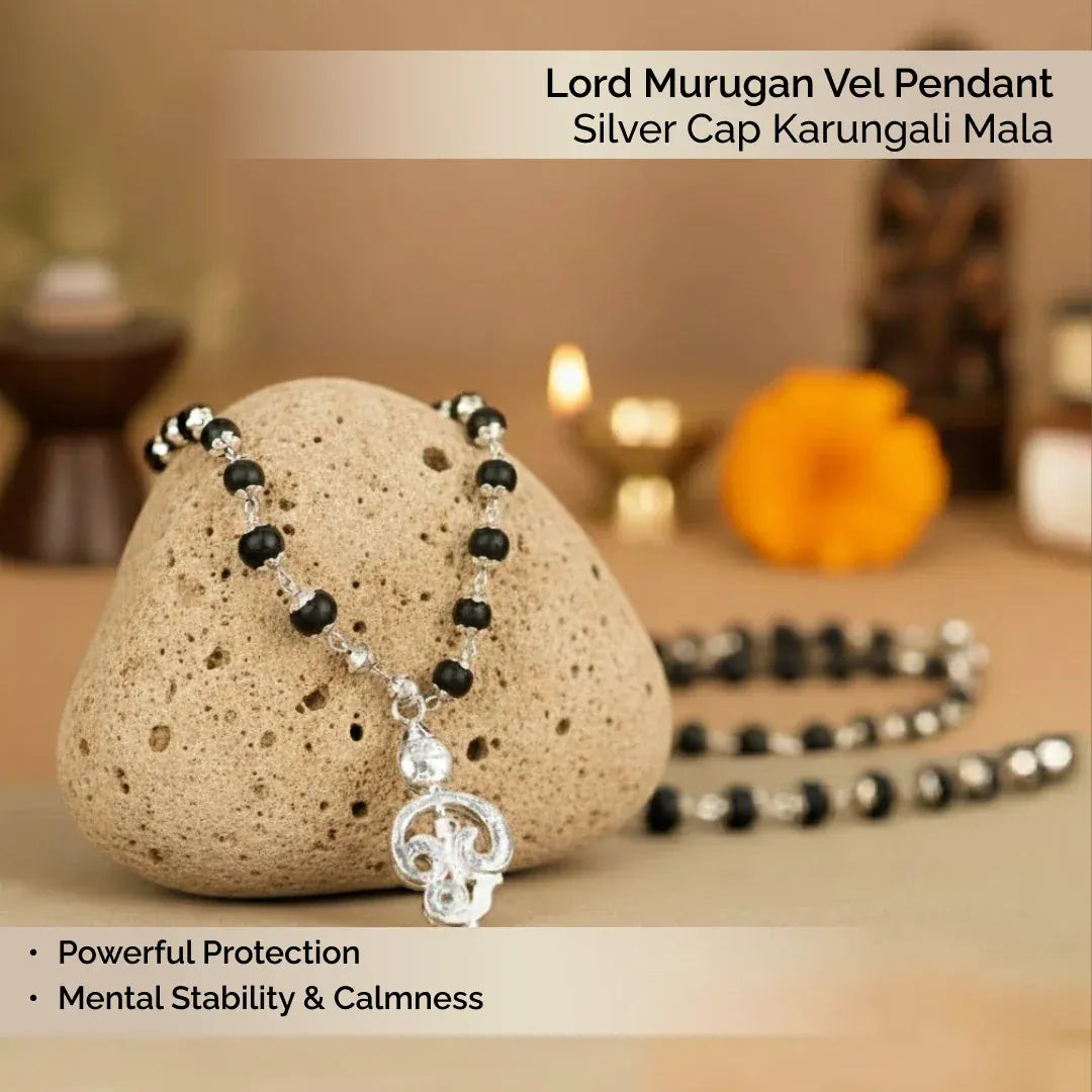 Lord Murugan Vel Pendant | Silver Cap Karungali Mala