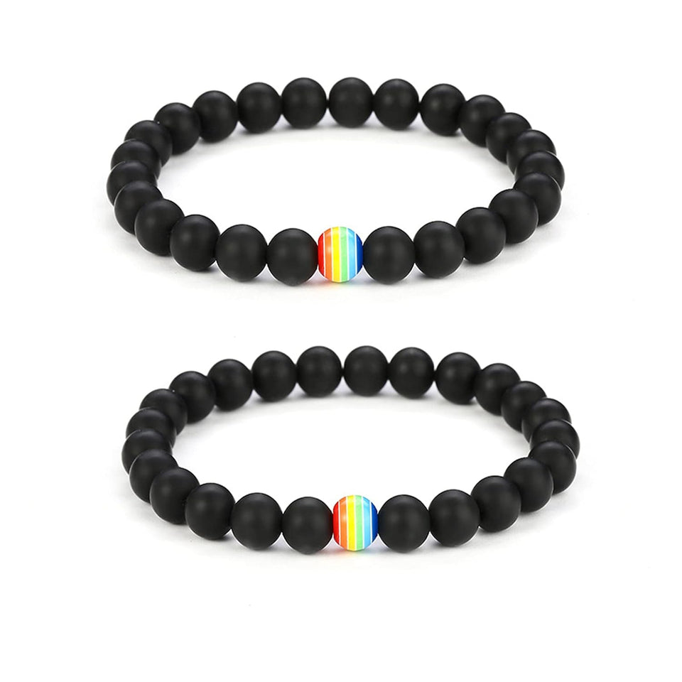 Natural Stone Bead Stretchy String Lesbian Gay Pride Bracelet Handmade